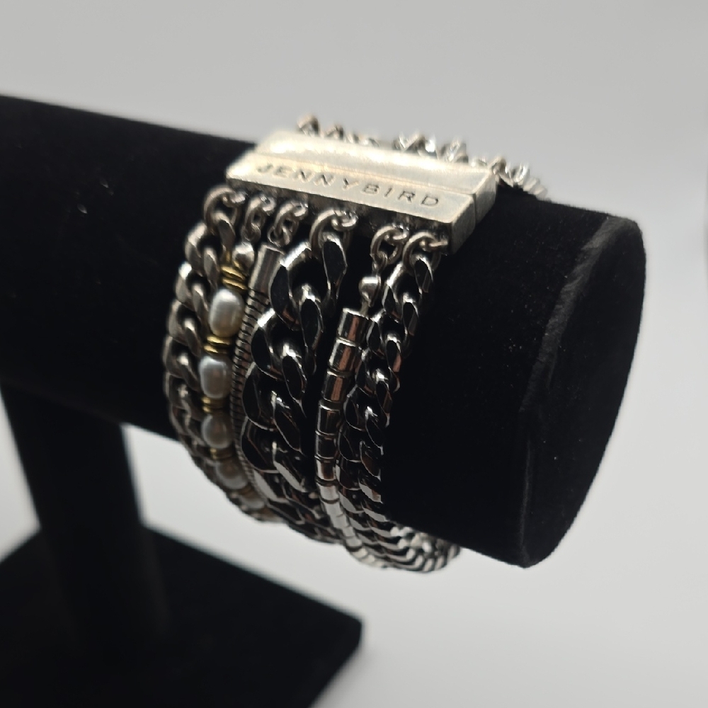 Jenny Bird Silver Multi-Chain Bracelet with Pearl Accents